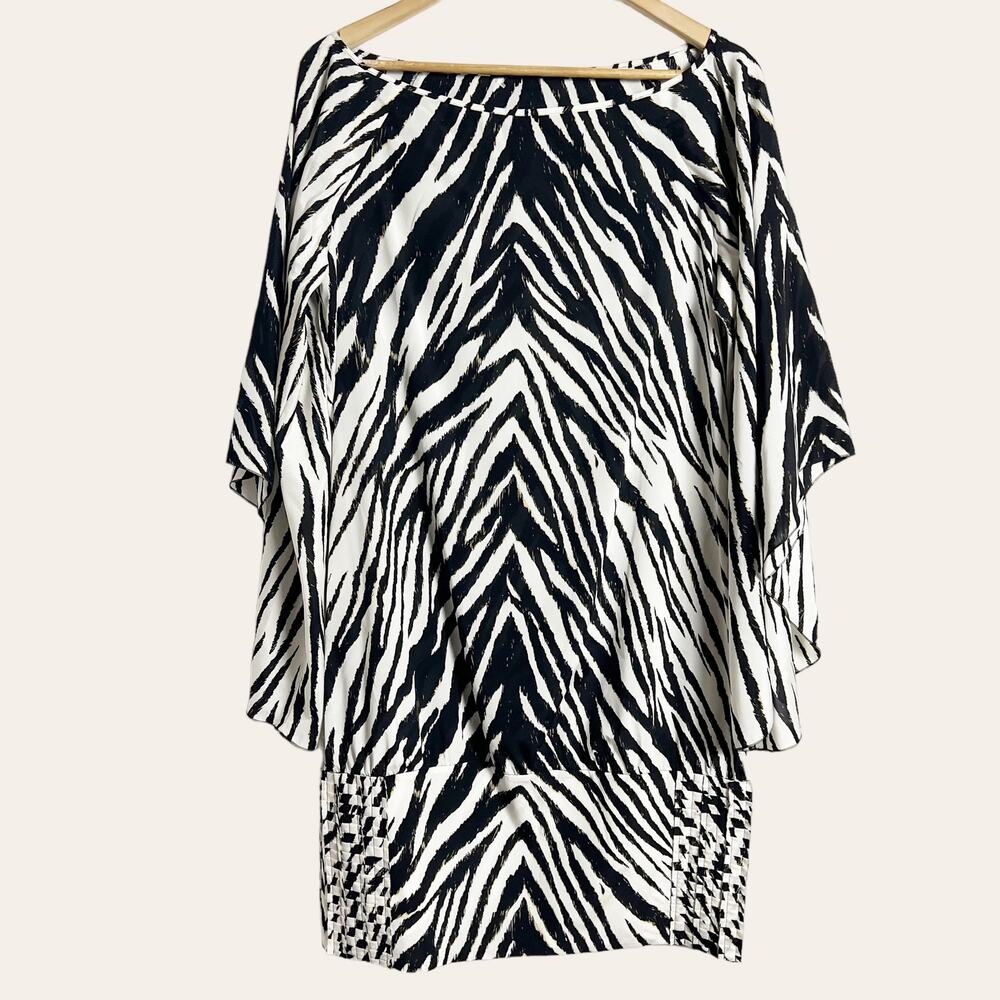 Barron Duquette Carina Black White Zebra Print Silk Tunic Top Size 10 NWT